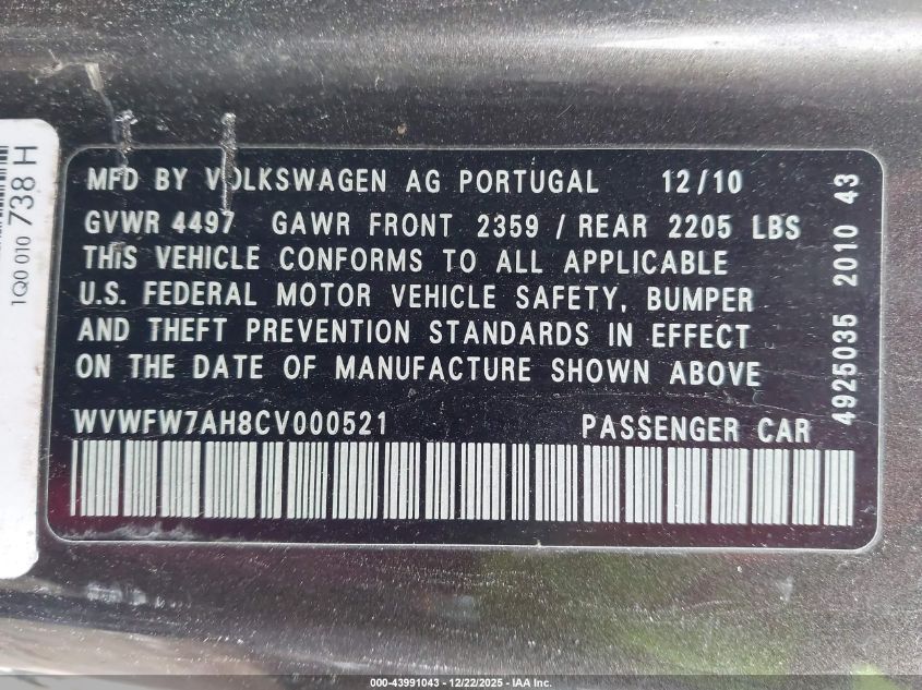 2012 Volkswagen Eos Lux VIN: WVWFW7AH8CV000521 Lot: 43991043