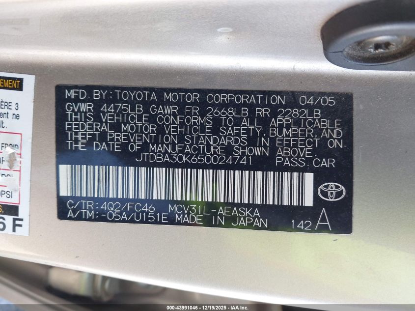 2005 Toyota Camry Se V6 VIN: JTDBA30K650024741 Lot: 43991046