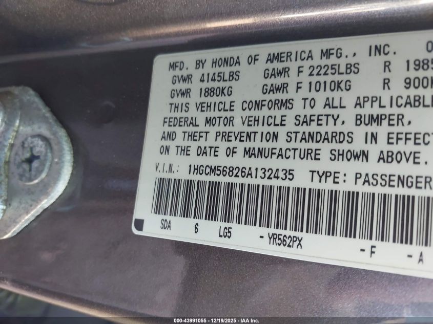 2006 Honda Accord 2.4 Ex VIN: 1HGCM56826A132435 Lot: 43991055