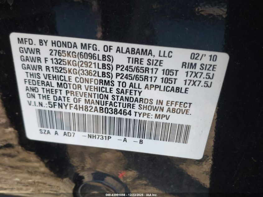 2010 Honda Pilot Touring VIN: 5FNYF4H82AB038464 Lot: 43991056