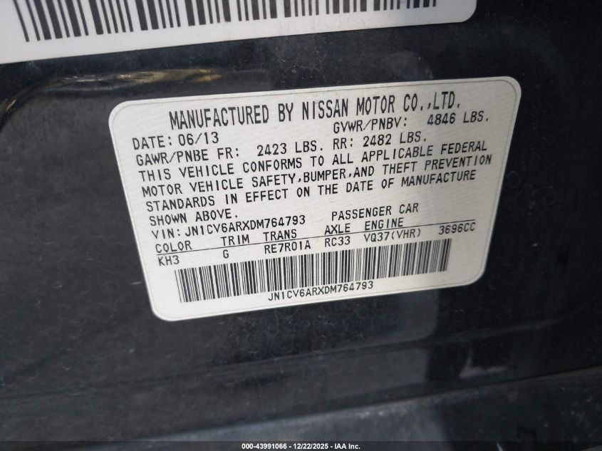 2013 Infiniti G37X VIN: JN1CV6ARXDM764793 Lot: 43991066