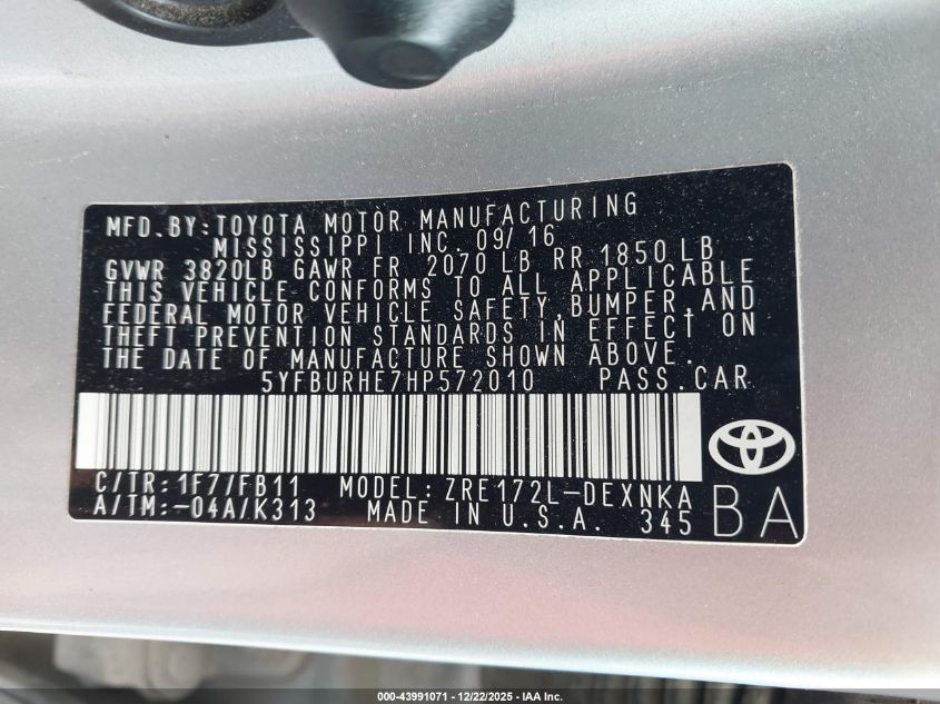 2017 Toyota Corolla Le VIN: 5YFBURHE7HP572010 Lot: 43991071