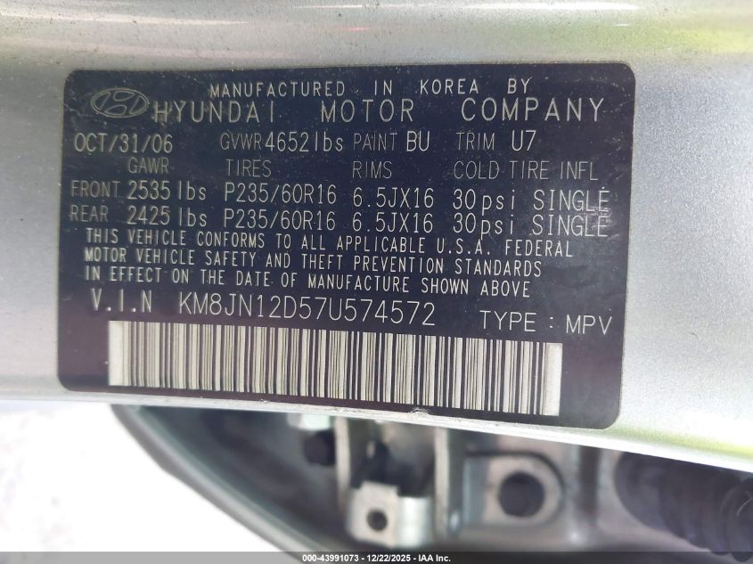 2007 Hyundai Tucson Limited/Se VIN: KM8JN12D57U574572 Lot: 43991073