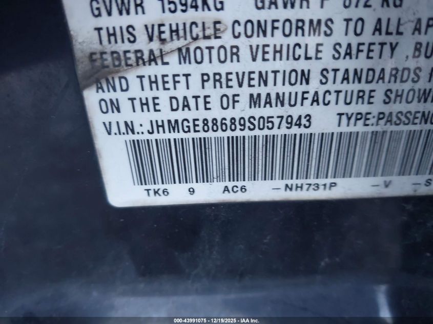2009 Honda Fit Sport VIN: JHMGE88689S057943 Lot: 43991075