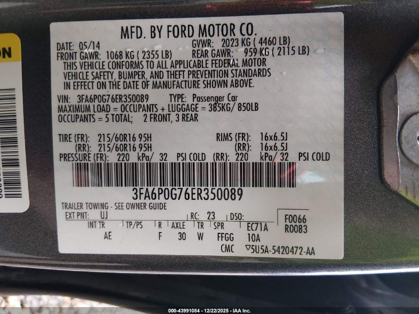 2014 Ford Fusion S VIN: 3FA6P0G76ER350089 Lot: 43991084