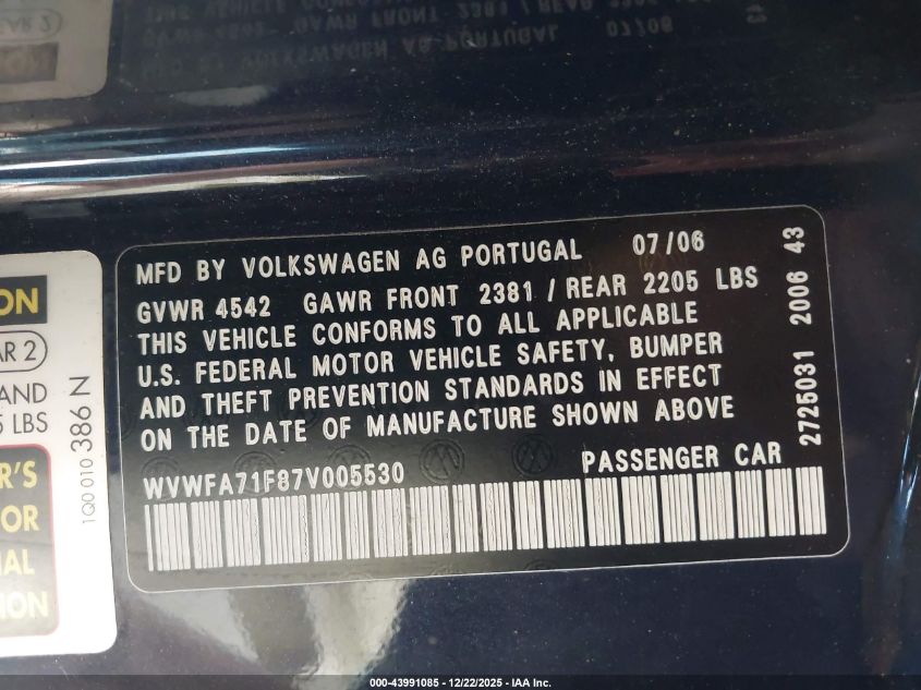 2007 Volkswagen Eos 2.0T VIN: WVWFA71F87V005530 Lot: 43991085