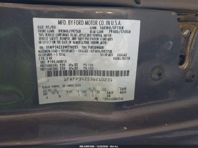 2003 Ford Focus VIN: DENNISOLSEN Lot: 43991089