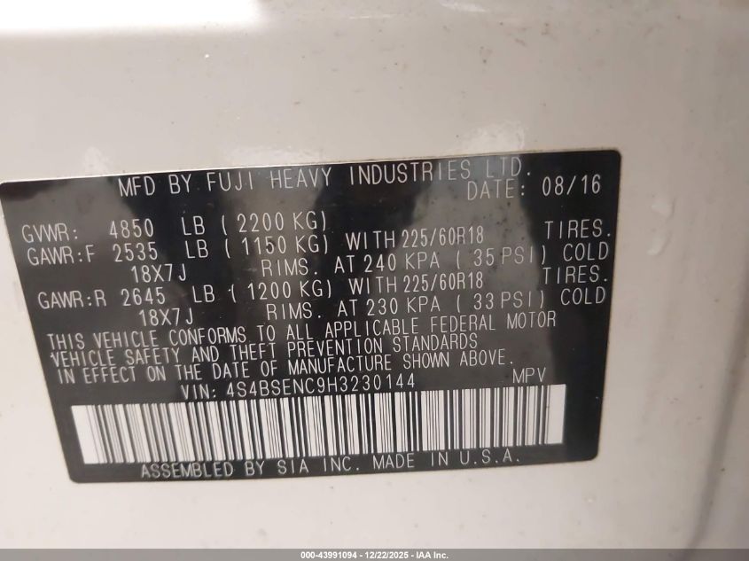 2017 Subaru Outback 3.6R Limited VIN: 4S4BSENC9H3230144 Lot: 43991094