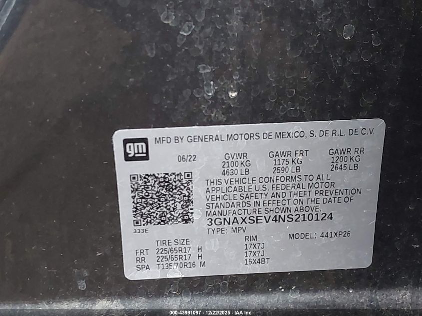 2022 Chevrolet Equinox Awd Ls VIN: 3GNAXSEV4NS210124 Lot: 43991097