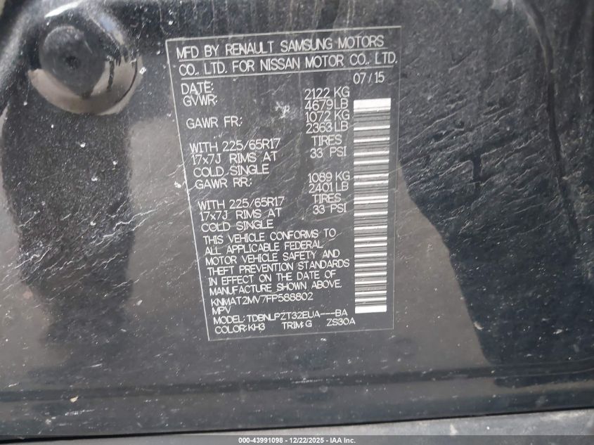 2015 Nissan Rogue S VIN: KNMAT2MV7FP588802 Lot: 43991098