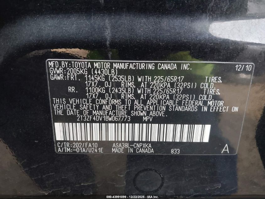 2011 Toyota Rav4 VIN: 2T3ZF4DV1BW067773 Lot: 43991099