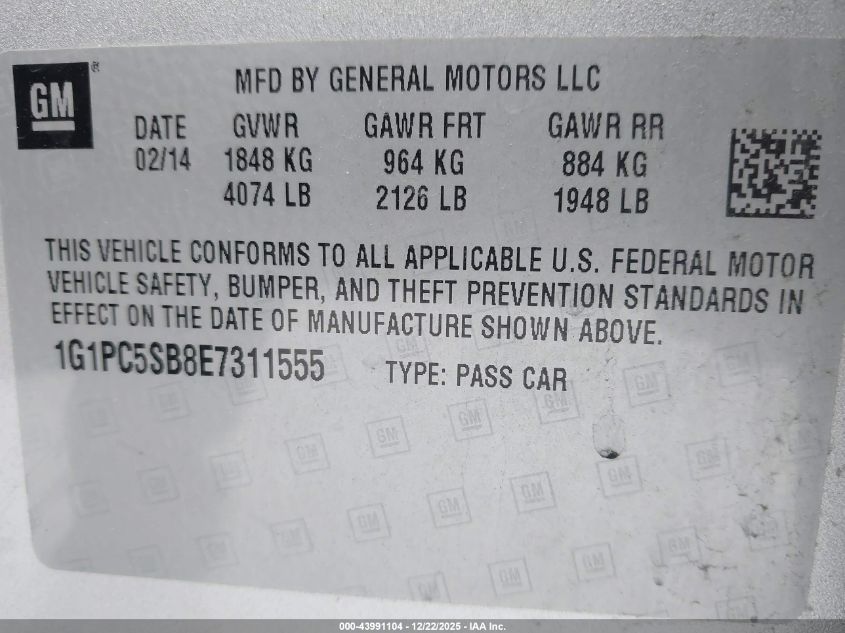 2014 Chevrolet Cruze 1Lt Auto VIN: 1G1PC5SB8E7311555 Lot: 43991104