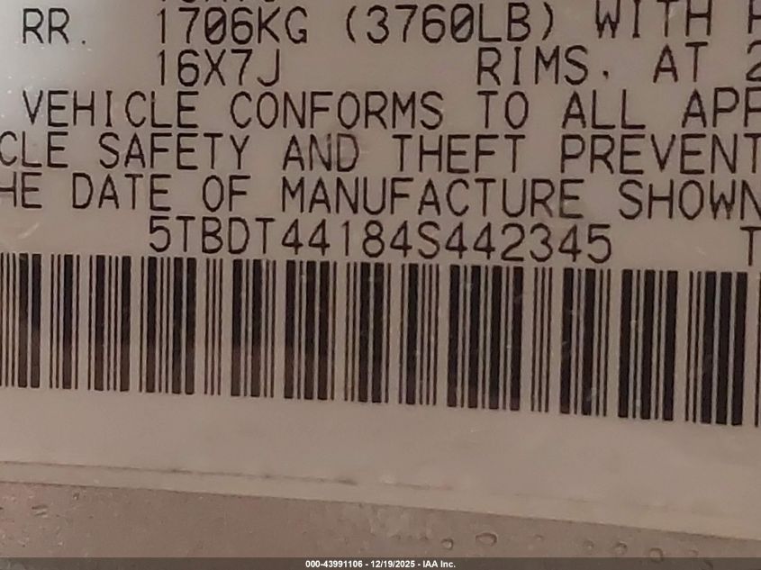 2004 Toyota Tundra Sr5 V8 VIN: 5TBDT44184S442345 Lot: 43991106
