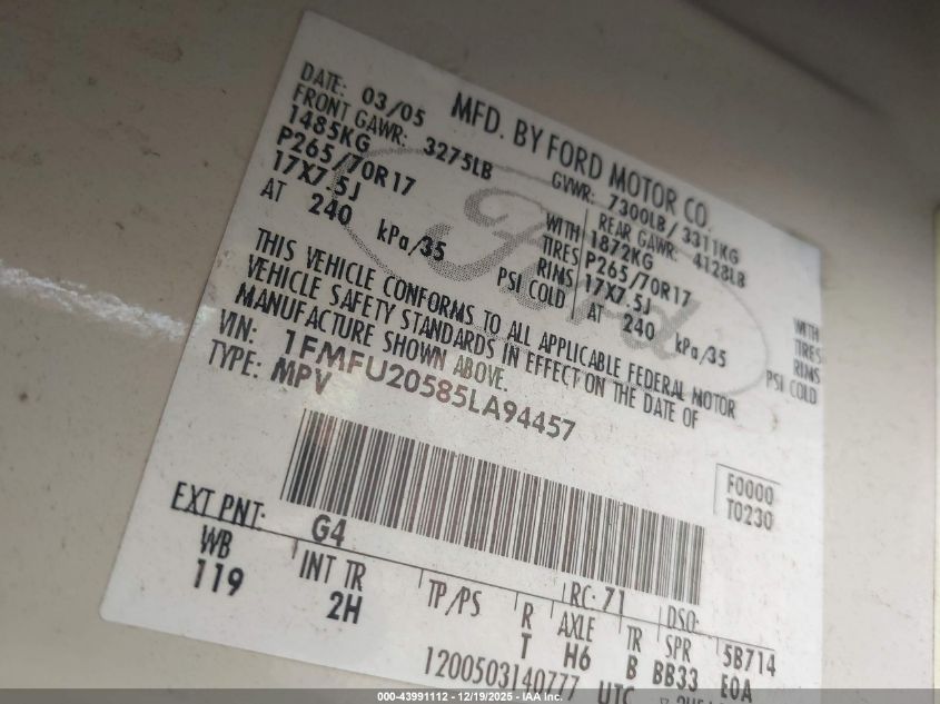 2005 Ford Expedition Limited VIN: 1FMFU20585LA94457 Lot: 43991112