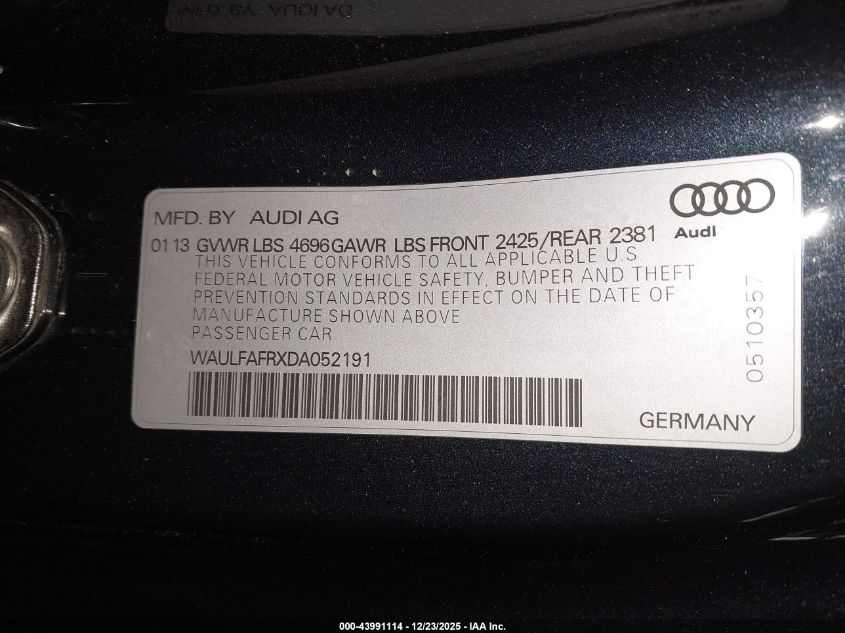 2013 Audi A5 2.0T Premium VIN: WAULFAFRXDA052191 Lot: 43991114