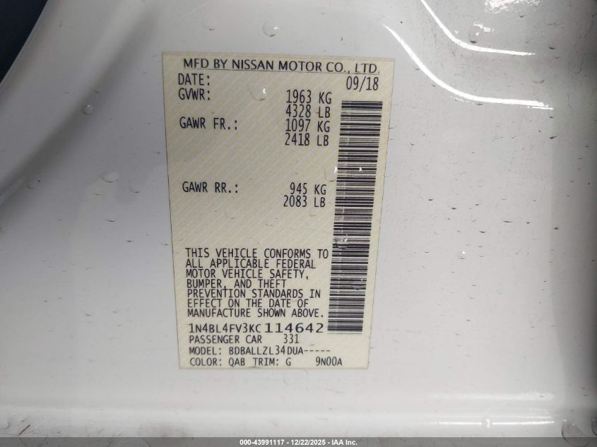 2019 Nissan Altima 2.5 Platinum VIN: 1N4BL4FV3KC114642 Lot: 43991117