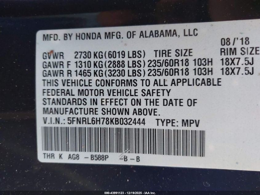 2019 Honda Odyssey Ex-L VIN: 5FNRL6H78KB032444 Lot: 43991123