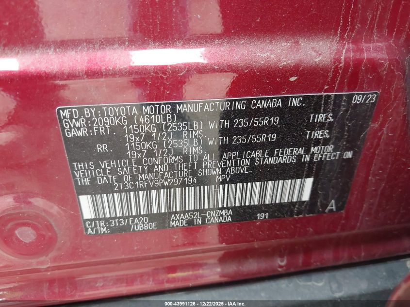 2023 Toyota Rav4 Xle Premium VIN: 2T3C1RFV9PW297194 Lot: 43991126