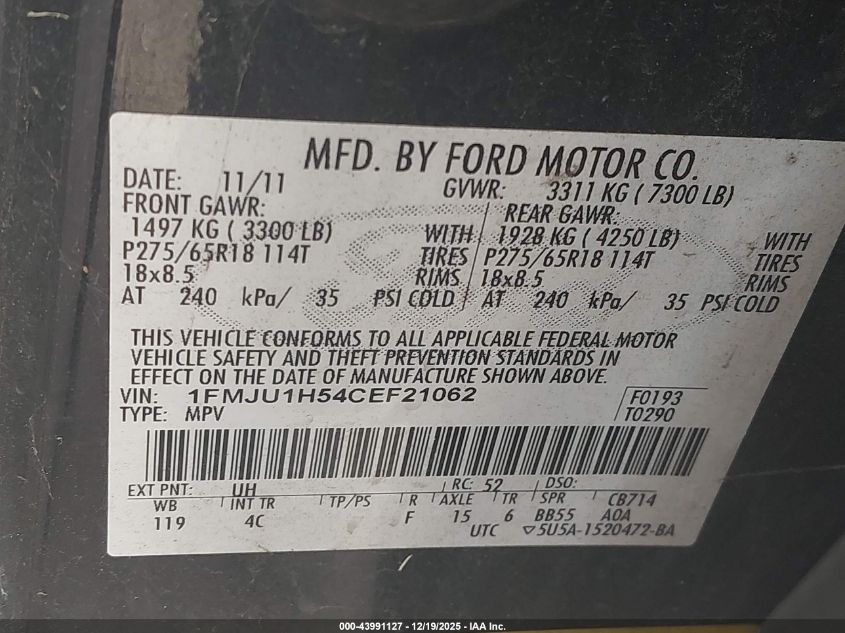 2012 Ford Expedition Xlt VIN: 1FMJU1H54CEF21062 Lot: 43991127