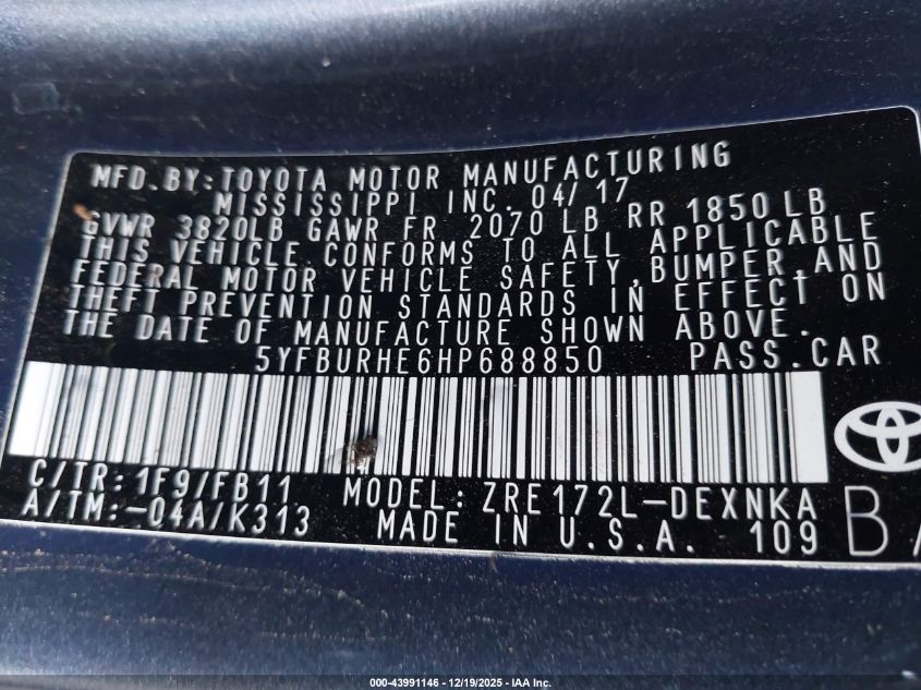 2017 Toyota Corolla Le VIN: 5YFBURHE6HP688850 Lot: 43991146