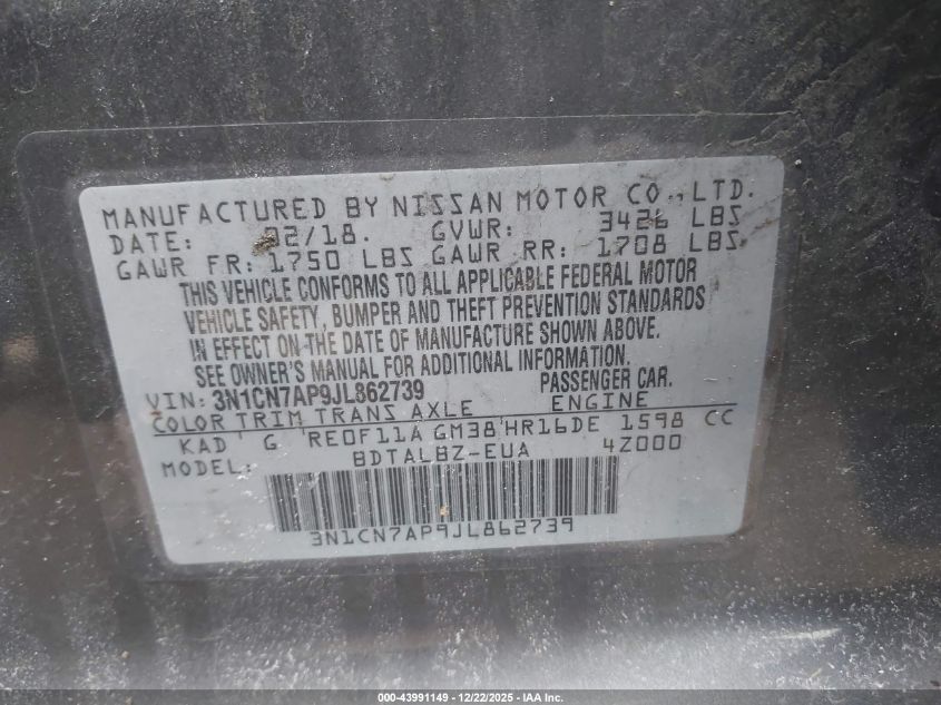 2018 Nissan Versa 1.6 Sv VIN: 3N1CN7AP9JL862739 Lot: 43991149