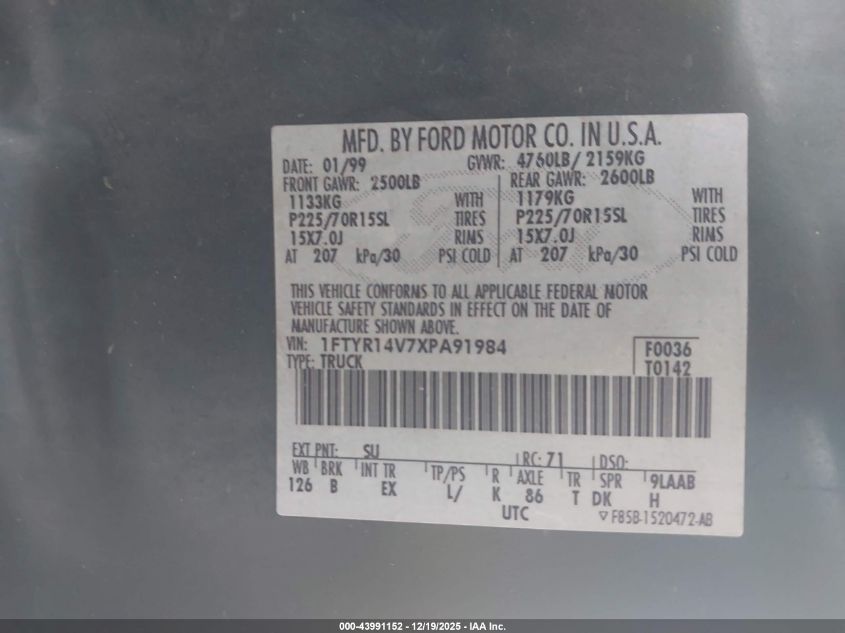 1999 Ford Ranger Xl/Xlt VIN: 1FTYR14V7XPA91984 Lot: 43991152