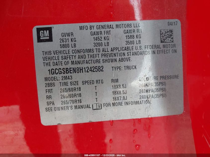 2017 Chevrolet Colorado Wt VIN: 1GCGSBEN8H1242582 Lot: 43991157