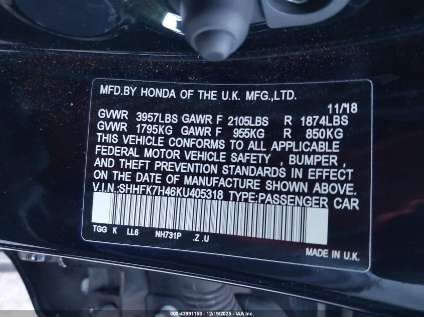 2019 Honda Civic Sport VIN: SHHFK7H46KU405318 Lot: 43991158