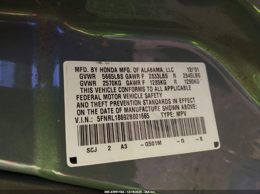 2002 Honda Odyssey Ex VIN: 5FNRL18692B001665 Lot: 43991164