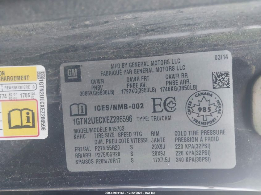 2014 GMC Sierra 1500 Sle VIN: 1GTN2UECXEZ286596 Lot: 43991166