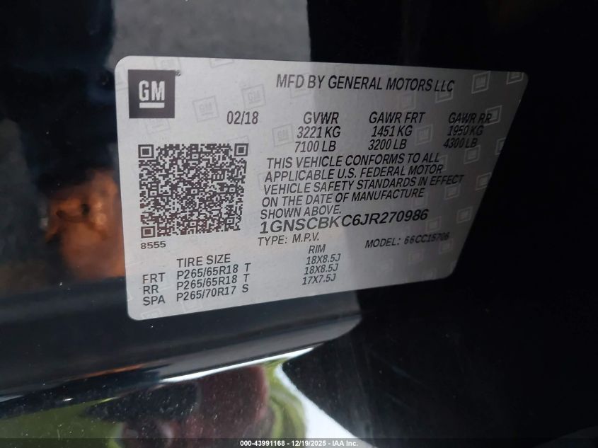 2018 Chevrolet Tahoe Lt VIN: 1GNSCBKC6JR270986 Lot: 43991168