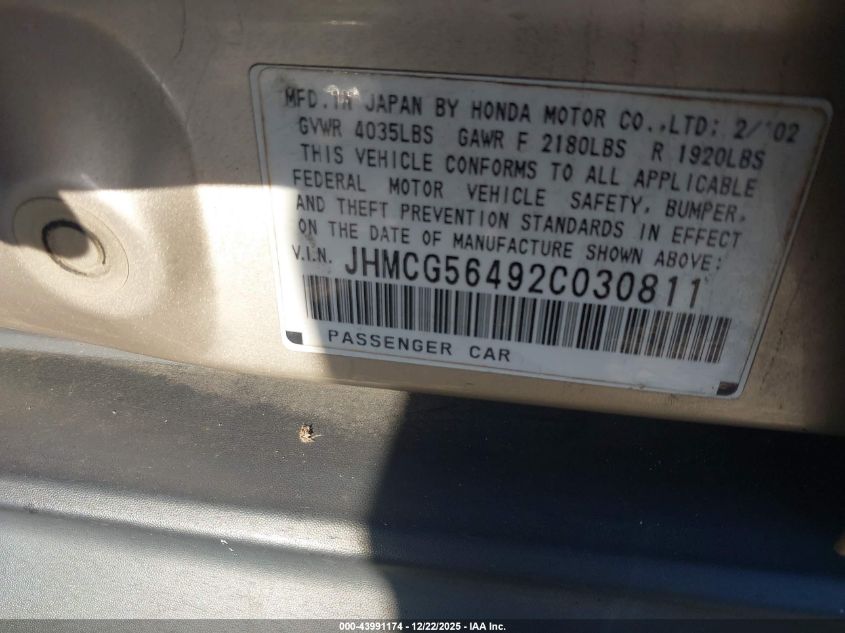 2002 Honda Accord 2.3 Lx VIN: JHMCG56492C030811 Lot: 43991174