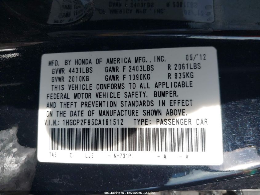 2012 Honda Accord 2.4 Ex-L VIN: 1HGCP2F85CA161512 Lot: 43991176