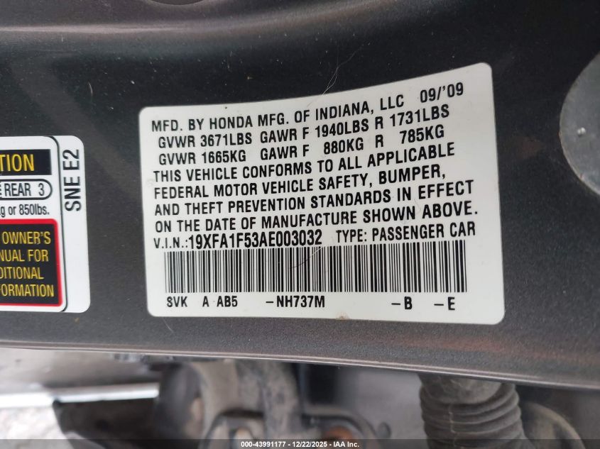 2010 Honda Civic Lx VIN: 19XFA1F53AE003032 Lot: 43991177