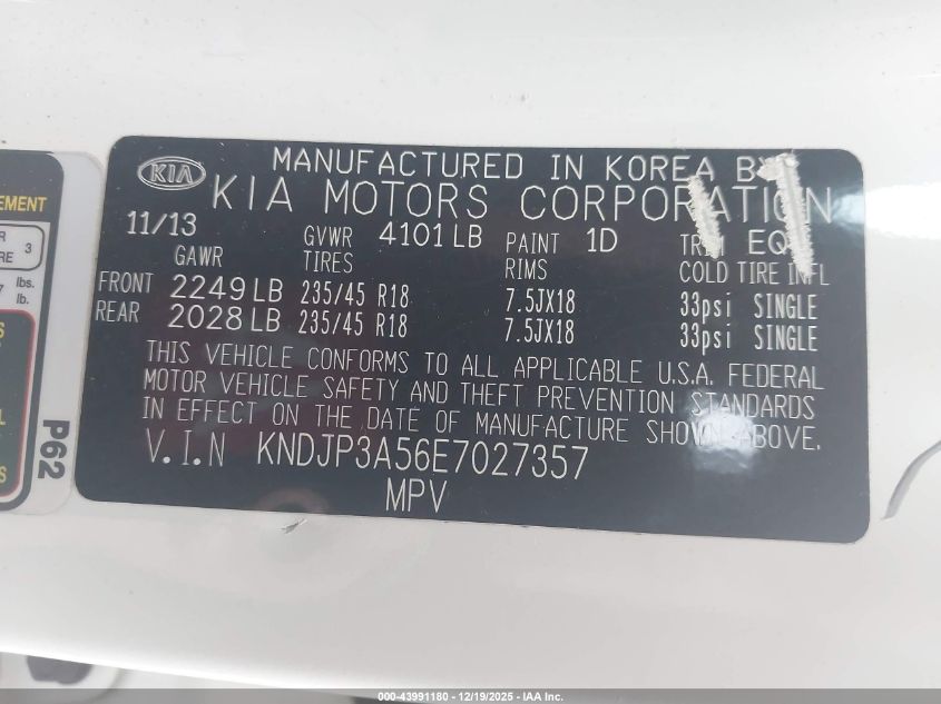 2014 Kia Soul + VIN: KNDJP3A56E7027357 Lot: 43991180