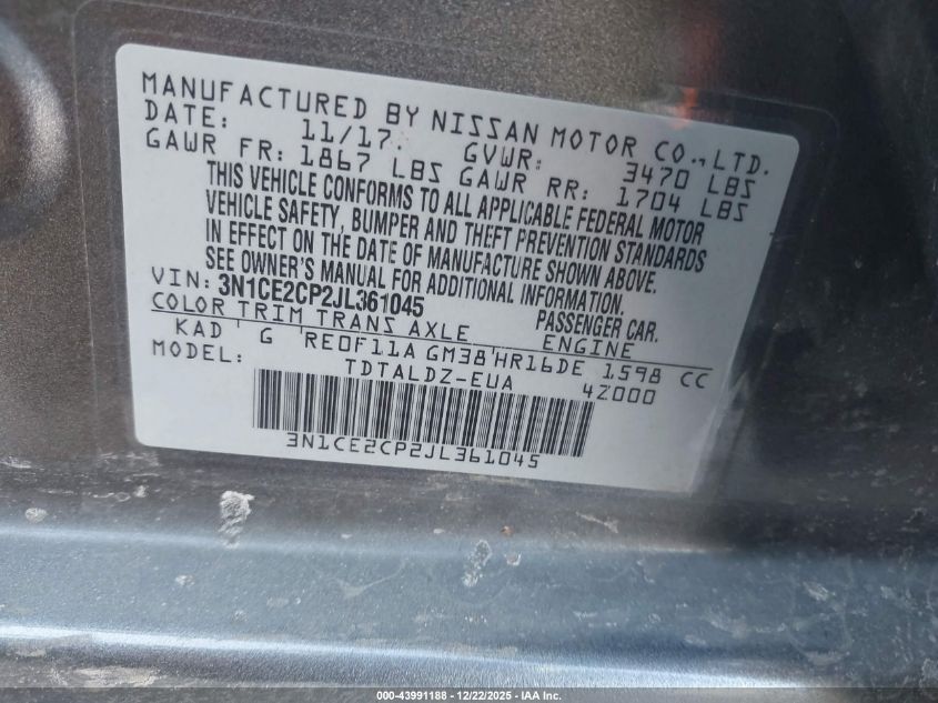 2018 Nissan Versa Note Sv VIN: 3N1CE2CP2JL361045 Lot: 43991188