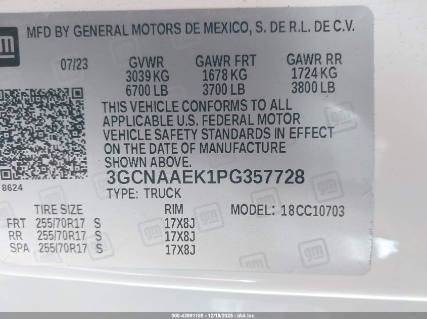 2023 Chevrolet Silverado 1500 2Wd Standard Bed Wt VIN: 3GCNAAEK1PG357728 Lot: 43991189