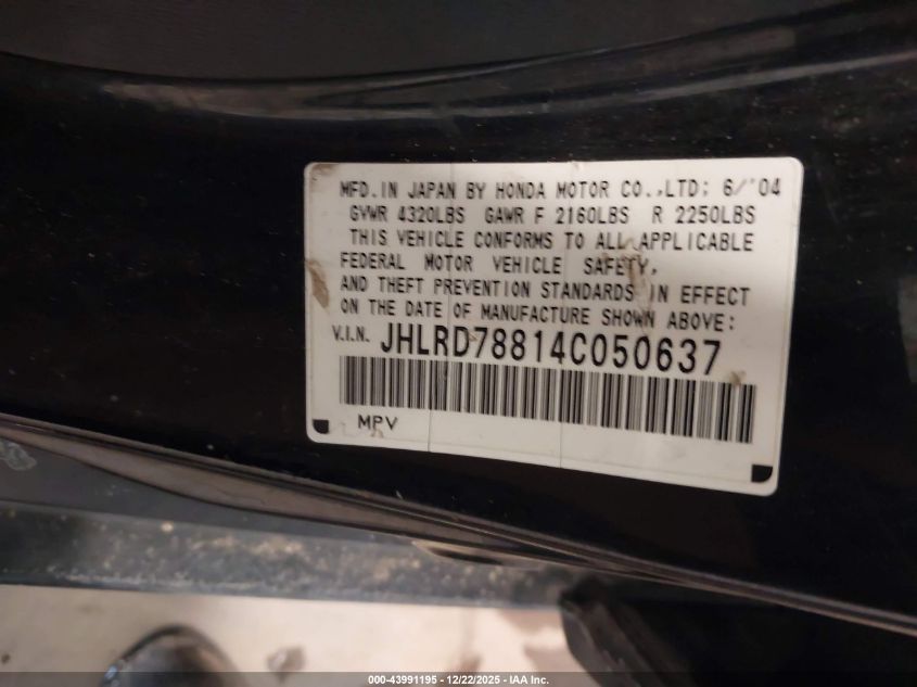 2004 Honda Cr-V Ex VIN: JHLRD78814C050637 Lot: 43991195