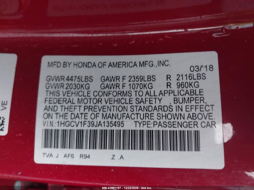 2018 Honda Accord Sport VIN: 1HGCV1F39JA135495 Lot: 43991197