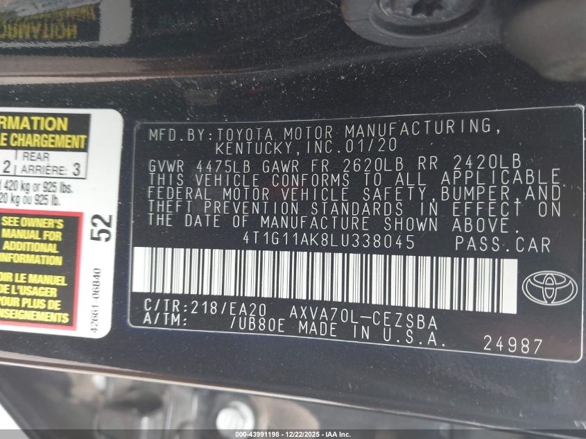2020 Toyota Camry Se VIN: 4T1G11AK8LU338045 Lot: 43991198