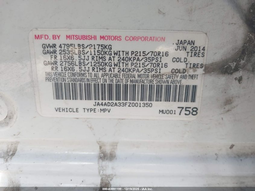 2015 Mitsubishi Outlander Es VIN: JA4AD2A33FZ001350 Lot: 43991199