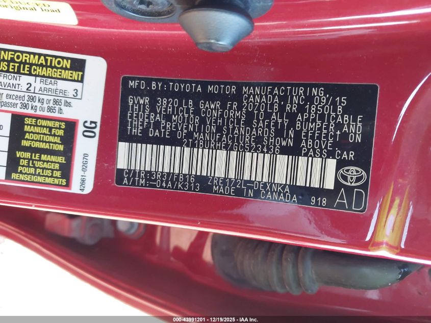 2016 Toyota Corolla Le VIN: 2T1BURHE7GC523436 Lot: 43991201