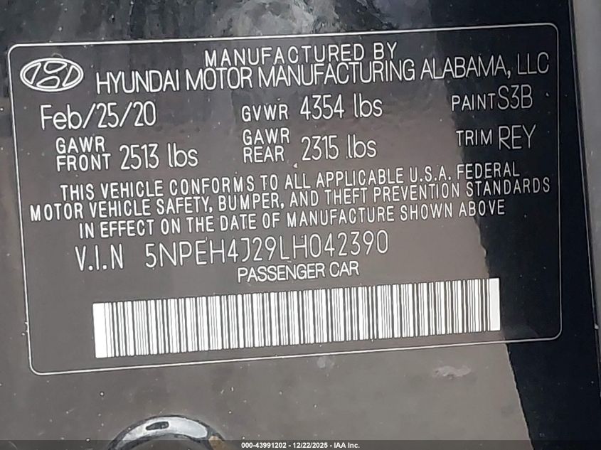 2020 Hyundai Sonata Limited VIN: 5NPEH4J29LH042390 Lot: 43991202