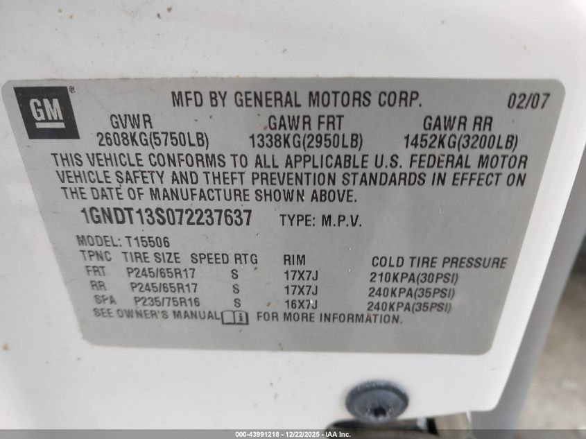 2007 Chevrolet Trailblazer VIN: 1GNDT3S072237637 Lot: 43991218