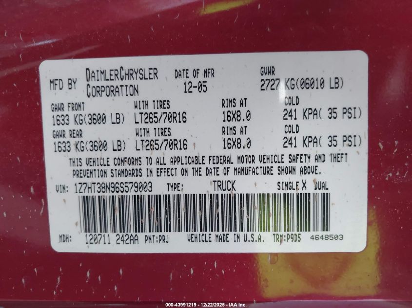 2006 Mitsubishi Raider Duro Cross V8 VIN: 1Z7HT38N96S579003 Lot: 43991219