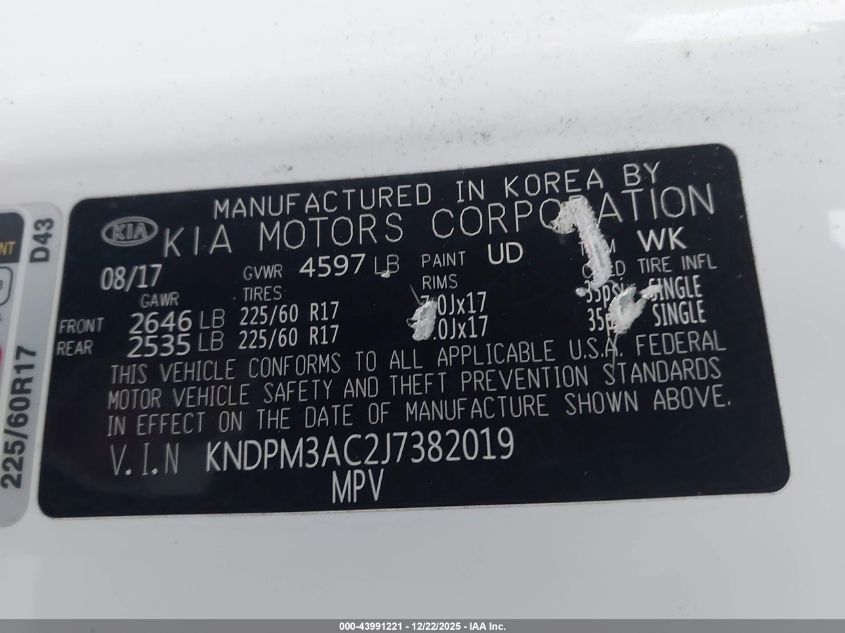 2018 Kia Sportage Lx VIN: KNDPM3AC2J7382019 Lot: 43991221