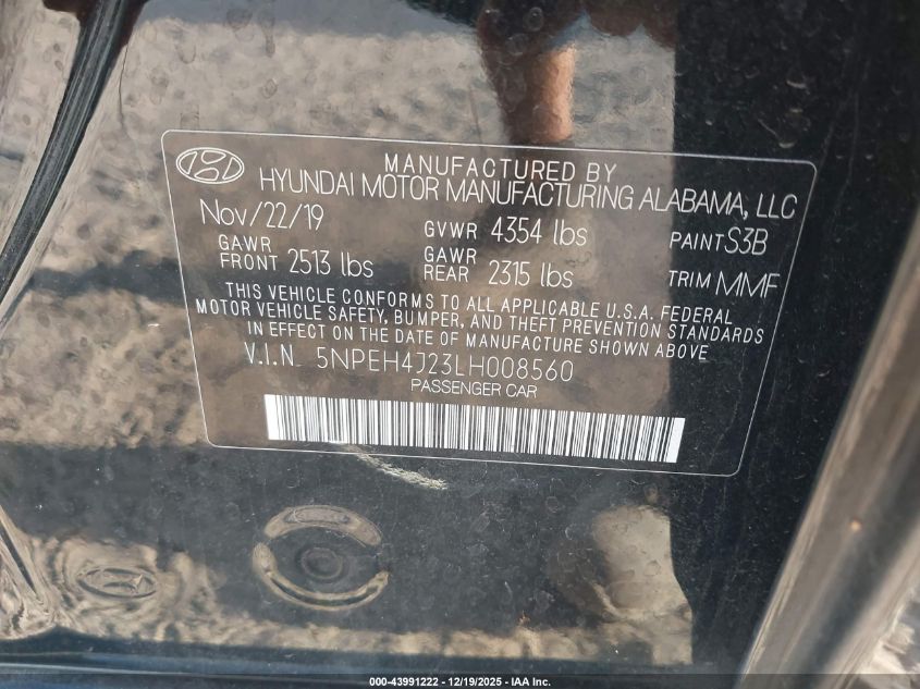 2020 Hyundai Sonata Limited VIN: 5NPEH4J23LH008560 Lot: 43991222