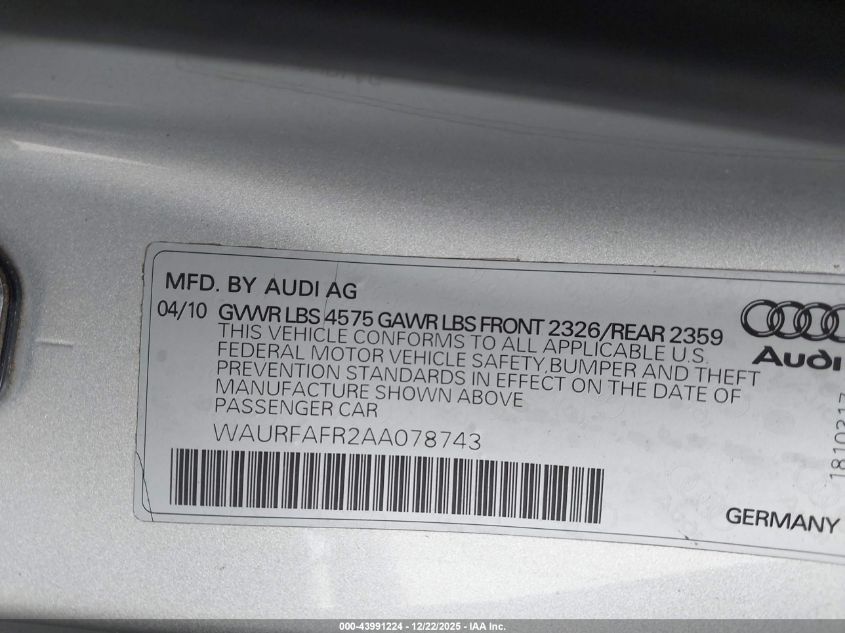 2010 Audi A5 2.0T Premium VIN: WAURFAFR2AA078743 Lot: 43991224