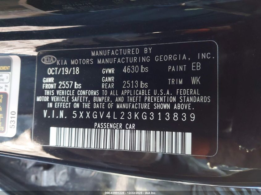 2019 Kia Optima Sx Turbo VIN: 5XXGV4L23KG313839 Lot: 43991228