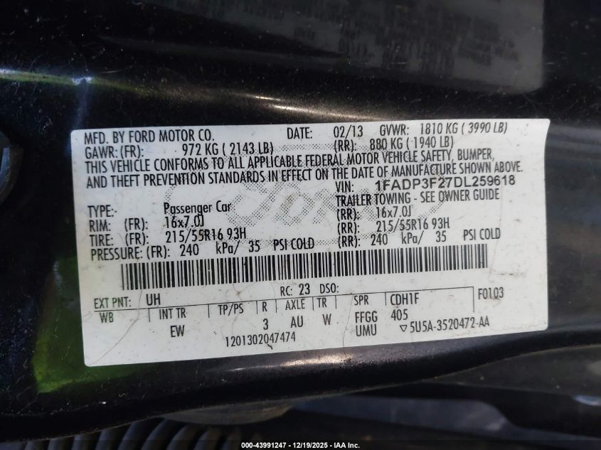 2013 Ford Focus Se VIN: 1FADP3F27DL259618 Lot: 43991247